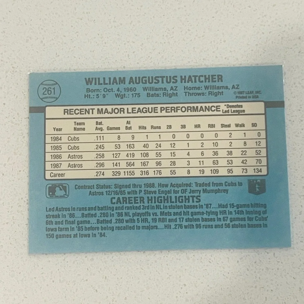1988 Donruss Billy Hatcher 261 Houston Astros Baseball Card Outfielder Vintage